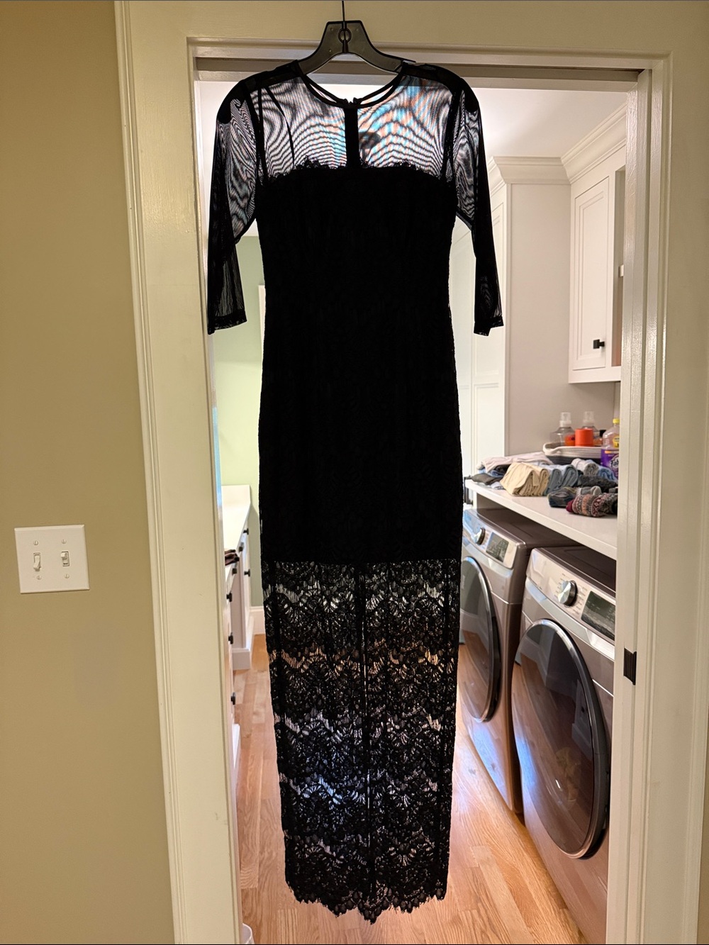 Stunning Cache Black Lace Maxi Dress with Sheer Yoke and Sleeves